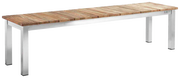 Gartenbank aus Holz und Metall, seitliche Perspektive