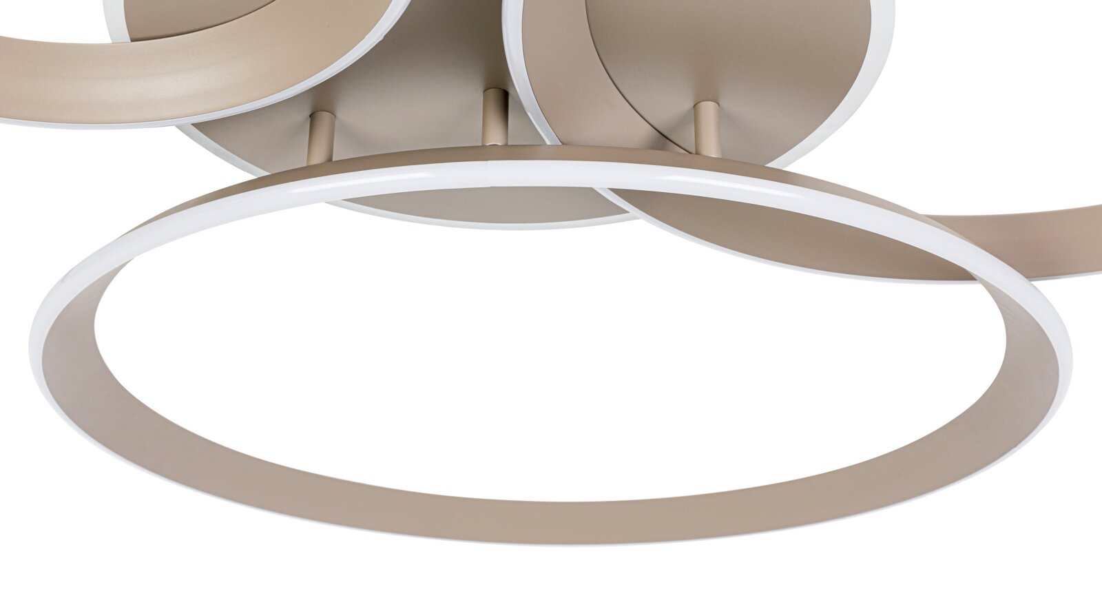 Moderne led-plafondlamp met meerdere in elkaar verweven ringen, gezien vanuit een zijdelingse hoek.
