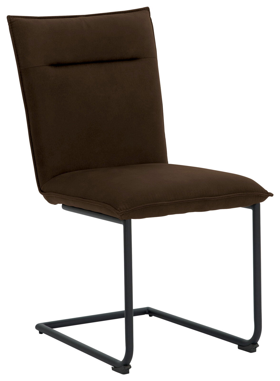 Freischwinger-Stuhl in braunem Stoffbezug mit schwarzem Metallgestell, seitliche Perspektive