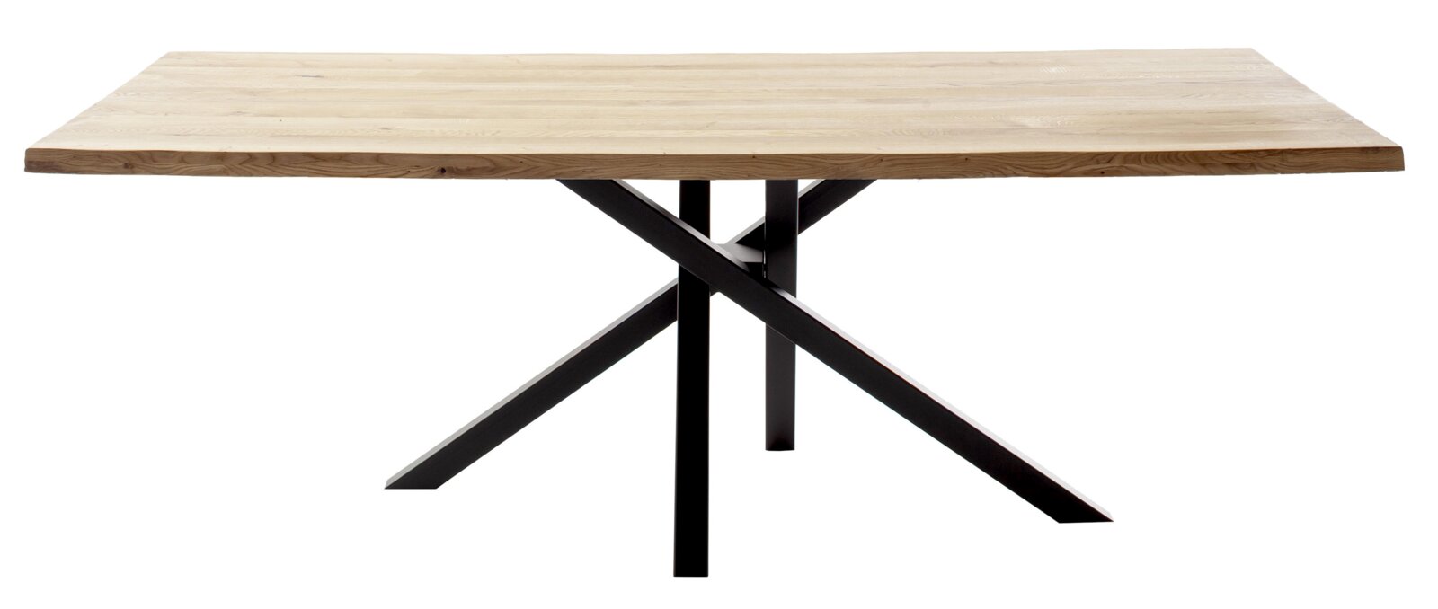 Moderner Esstisch mit Holzplatte und schwarzem Metallgestell, seitliche Perspektive