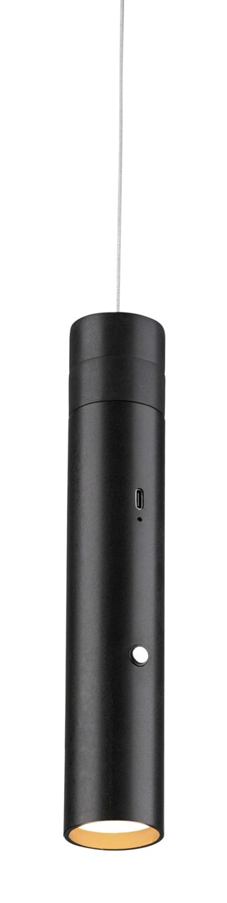 Schwarze zylindrische Akku-Pendelleuchte mit USB-Anschluss, seitliche Perspektive