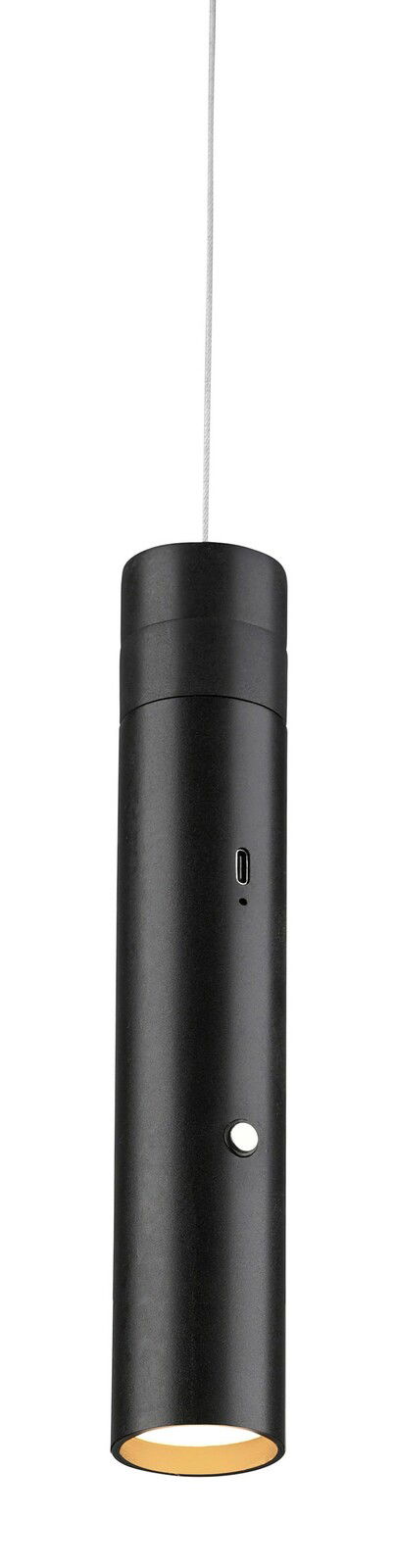 Schwarze zylindrische Akku-Pendelleuchte mit USB-Anschluss, seitliche Perspektive