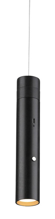 Schwarze zylindrische Akku-Pendelleuchte mit USB-Anschluss, seitliche Perspektive
