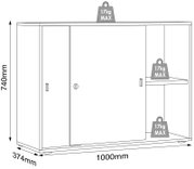Technische Strichzeichnung eines Sideboards/Schranks mit zwei Türen und offenem Fach rechts mit Einlegeboden, Maße 1000 mm Breite, 740 mm Höhe, 374 mm Tiefe, Traglast je Boden 17 kg max., Frontansicht mit leichter Perspektive von schräg vorne.