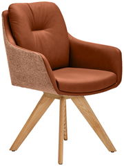 Moderner Armlehnstuhl mit braunem Lederbezug und Holzbeinen, seitliche Perspektive