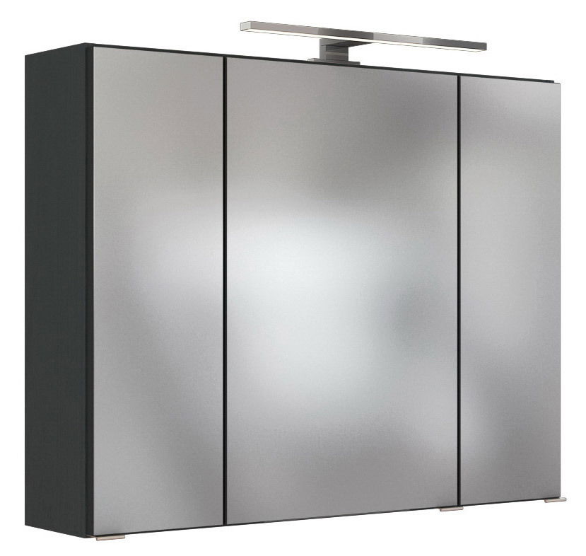 Moderner Spiegelschrank mit drei Türen und integrierter Beleuchtung, seitliche Perspektive