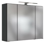 Moderner Spiegelschrank mit drei Türen und integrierter Beleuchtung, seitliche Perspektive