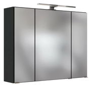 Moderner Spiegelschrank mit drei Türen und integrierter Beleuchtung, seitliche Perspektive