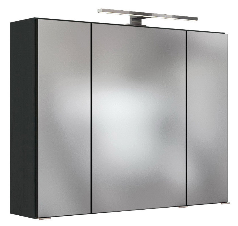Moderner Spiegelschrank mit drei Türen und integrierter Beleuchtung, seitliche Perspektive
