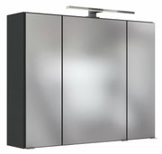Moderner Spiegelschrank mit drei Türen und integrierter Beleuchtung, seitliche Perspektive
