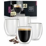 Vier doppelwandige Thermogläser mit 60 ml Fassungsvermögen, ideal für Espresso, in einer stilvollen Verpackung präsentiert. Vorderansicht.