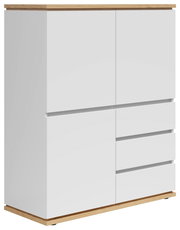 Weißes Highboard mit Holzdetails, zwei Türen und drei Schubladen, seitliche Perspektive