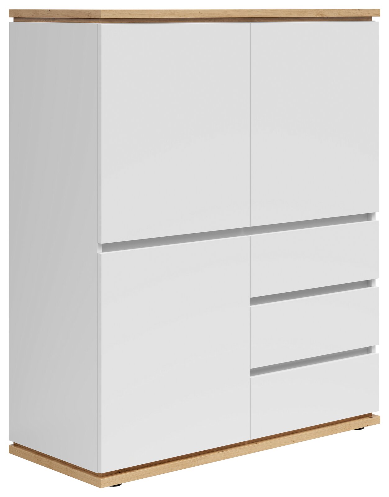 Weißes Highboard mit Holzdetails, zwei Türen und drei Schubladen, seitliche Perspektive