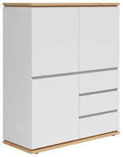 Weißes Highboard mit Holzdetails, zwei Türen und drei Schubladen, seitliche Perspektive