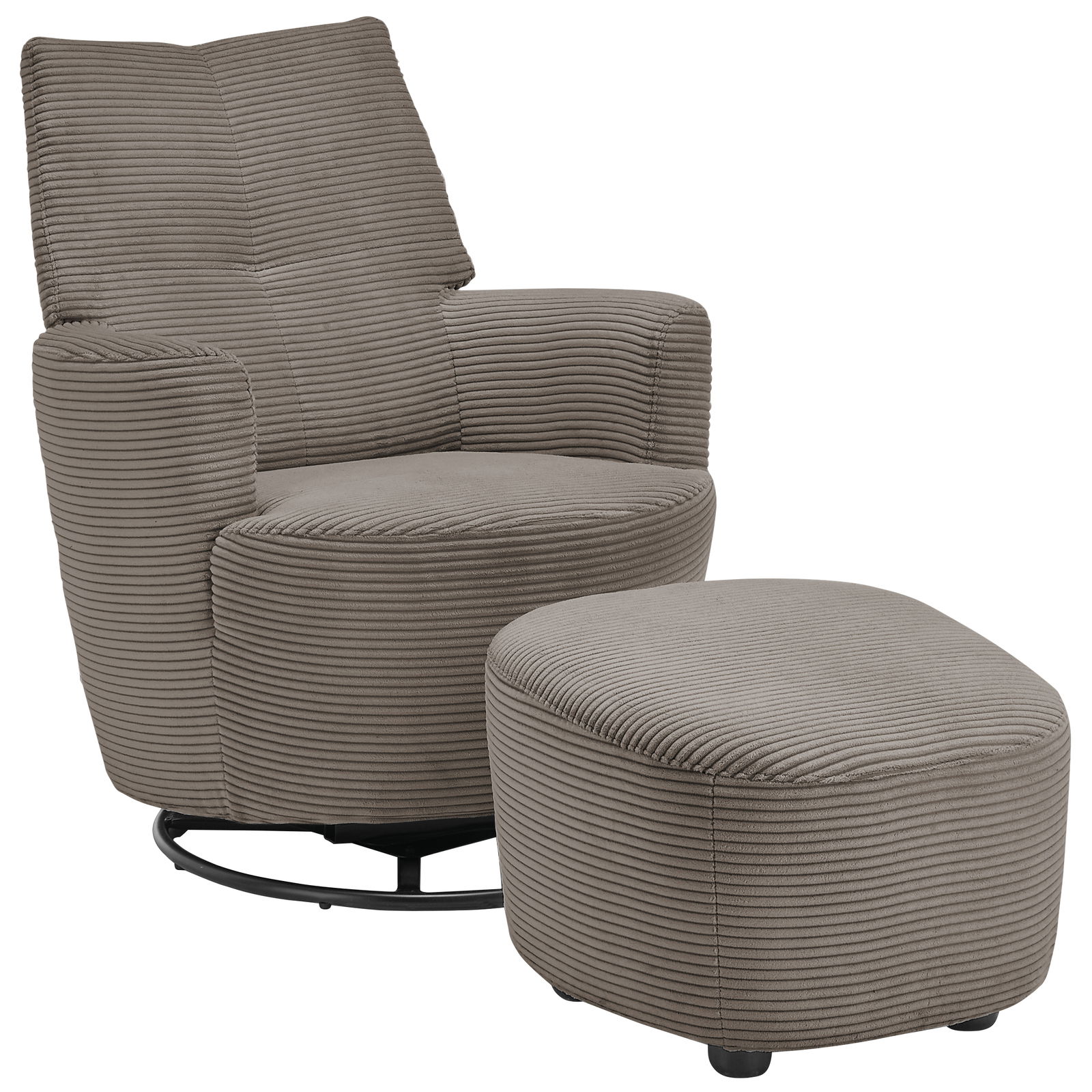 Grauer, gerippter Sessel mit passendem Hocker, seitliche Perspektive
