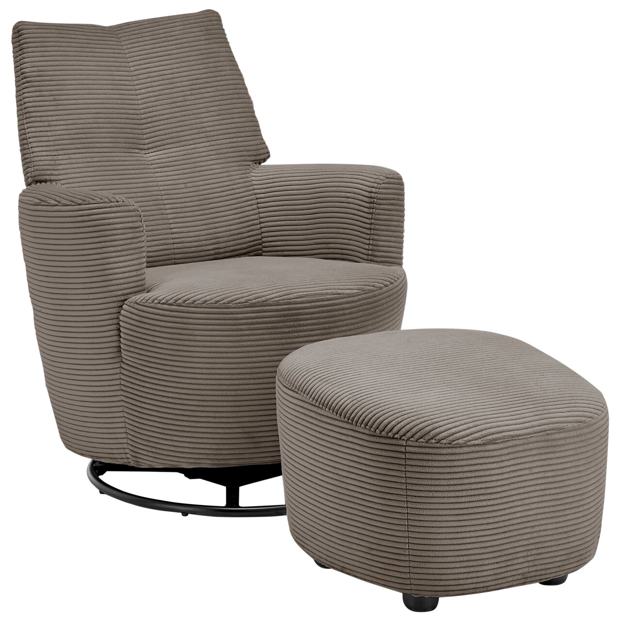 Set one by Musterring Sessel SET ONE 1450 Grauer, gerippter Sessel mit passendem Hocker, seitliche Perspektive