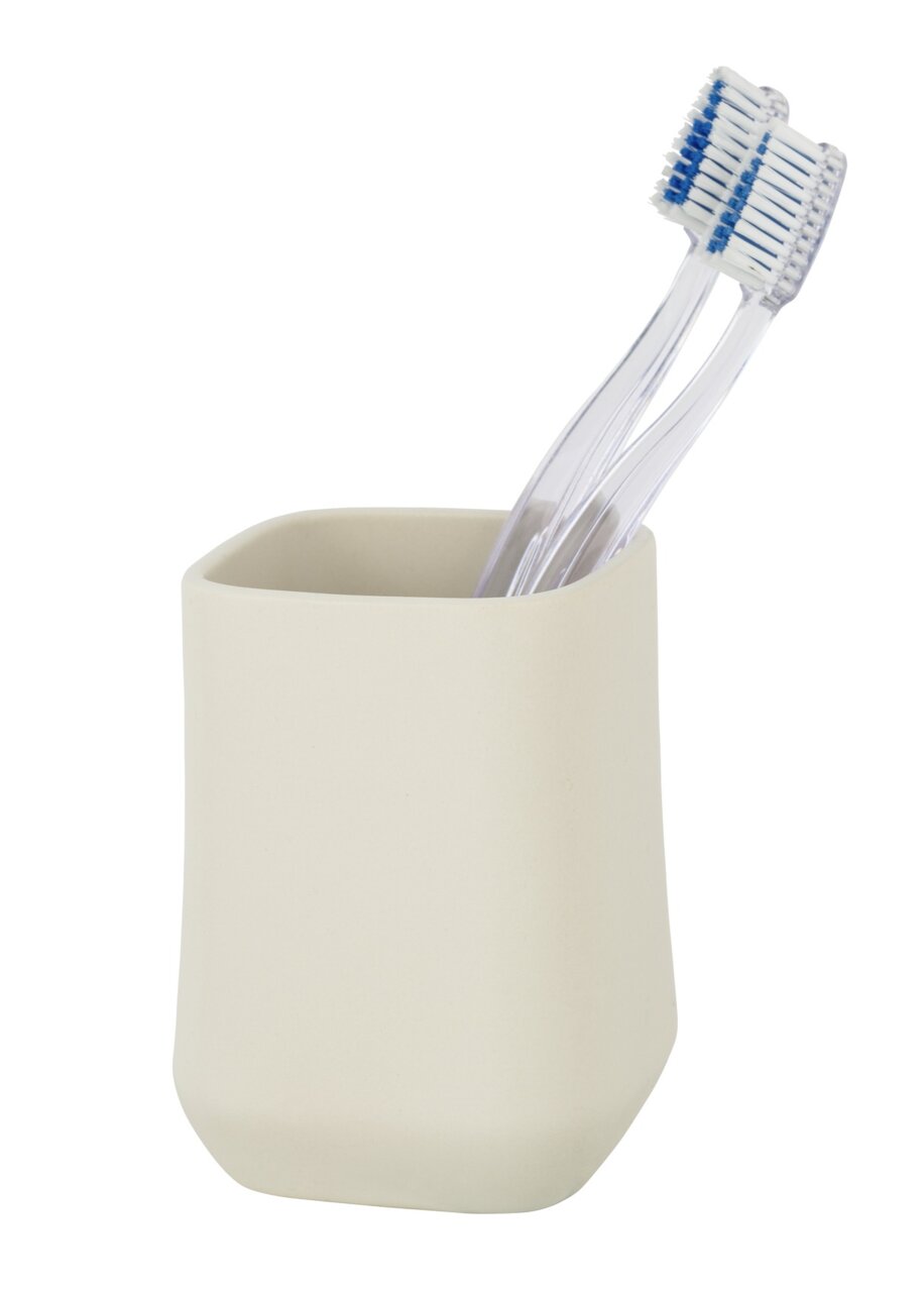 Schöner Wohnen Zahnputzbecher ADINE Keramik Zahnputzbecher Adine in cremefarbener Optik mit zwei transparenten Zahnbürsten, seitliche Perspektive