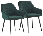 Zwei grüne Armlehnstühle mit gestepptem Muster und schwarzen Beinen, seitliche Perspektive