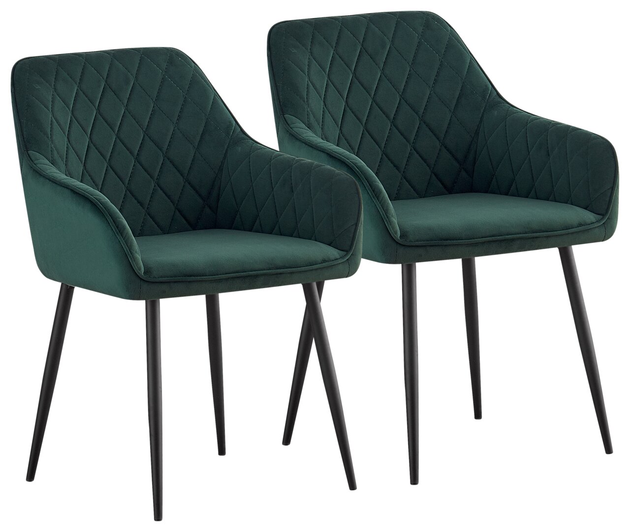 Zwei grüne Armlehnstühle mit gestepptem Muster und schwarzen Beinen, seitliche Perspektive