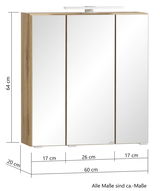 Spiegelschrank 60 cm mit drei Türen, Holzrahmen und integrierter Beleuchtung, seitliche Perspektive