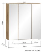 Spiegelschrank 60 cm mit drei Türen, Holzrahmen und integrierter Beleuchtung, seitliche Perspektive