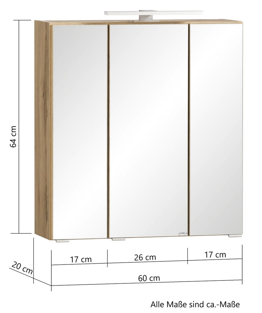 Spiegelschrank 60 cm mit drei Türen, Holzrahmen und integrierter Beleuchtung, seitliche Perspektive