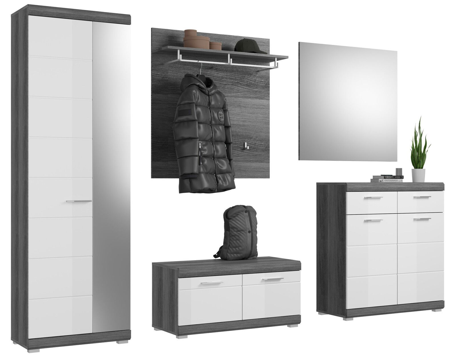 MID.YOU Garderoben-Set 5tlg. SCOUT Garderoben-Set 5-teilig in moderner Perspektive, bestehend aus einem hohen Schrank mit Spiegel, einer Wandgarderobe mit Haken und Ablage, einem rechteckigen Spiegel, einer Kommode mit Schubladen und einem niedrigen Schuhschrank, alle in dunklem Holz und w