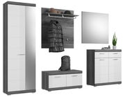 Garderoben-Set 5-teilig in moderner Perspektive, bestehend aus einem hohen Schrank mit Spiegel, einer Wandgarderobe mit Haken und Ablage, einem rechteckigen Spiegel, einer Kommode mit Schubladen und einem niedrigen Schuhschrank, alle in dunklem Holz und w