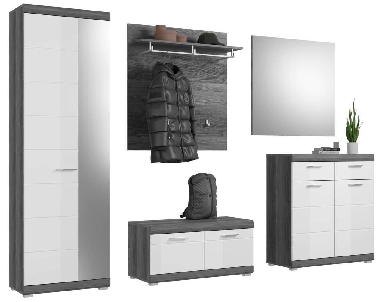 Garderoben-Set 5-teilig in moderner Perspektive, bestehend aus einem hohen Schrank mit Spiegel, einer Wandgarderobe mit Haken und Ablage, einem rechteckigen Spiegel, einer Kommode mit Schubladen und einem niedrigen Schuhschrank, alle in dunklem Holz und w