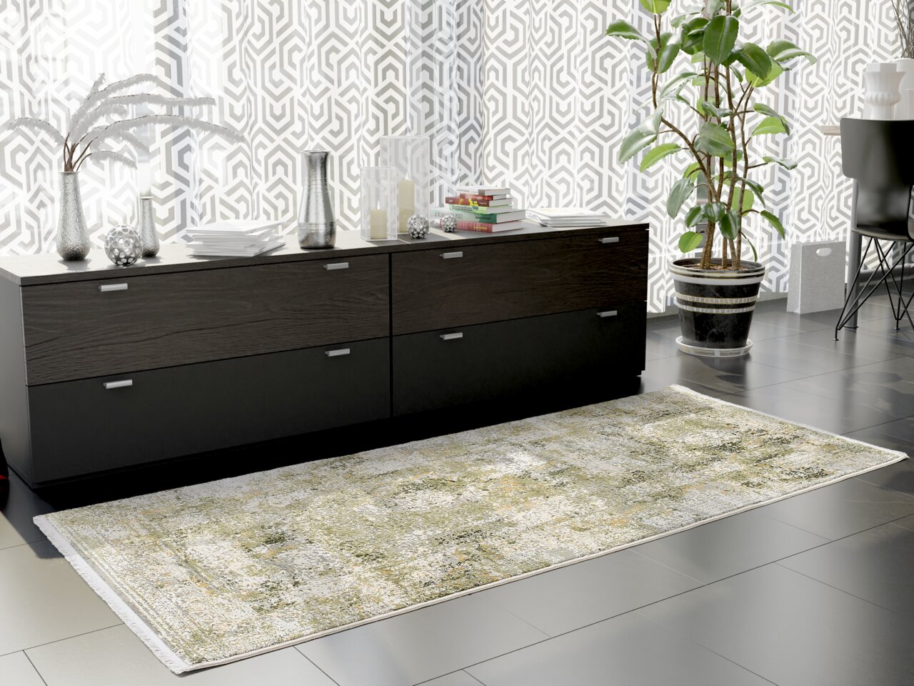 Designer Teppich in einem modernen Wohnzimmer, perspektivisch von oben fotografiert, mit einem Sideboard und Pflanzen im Hintergrund.