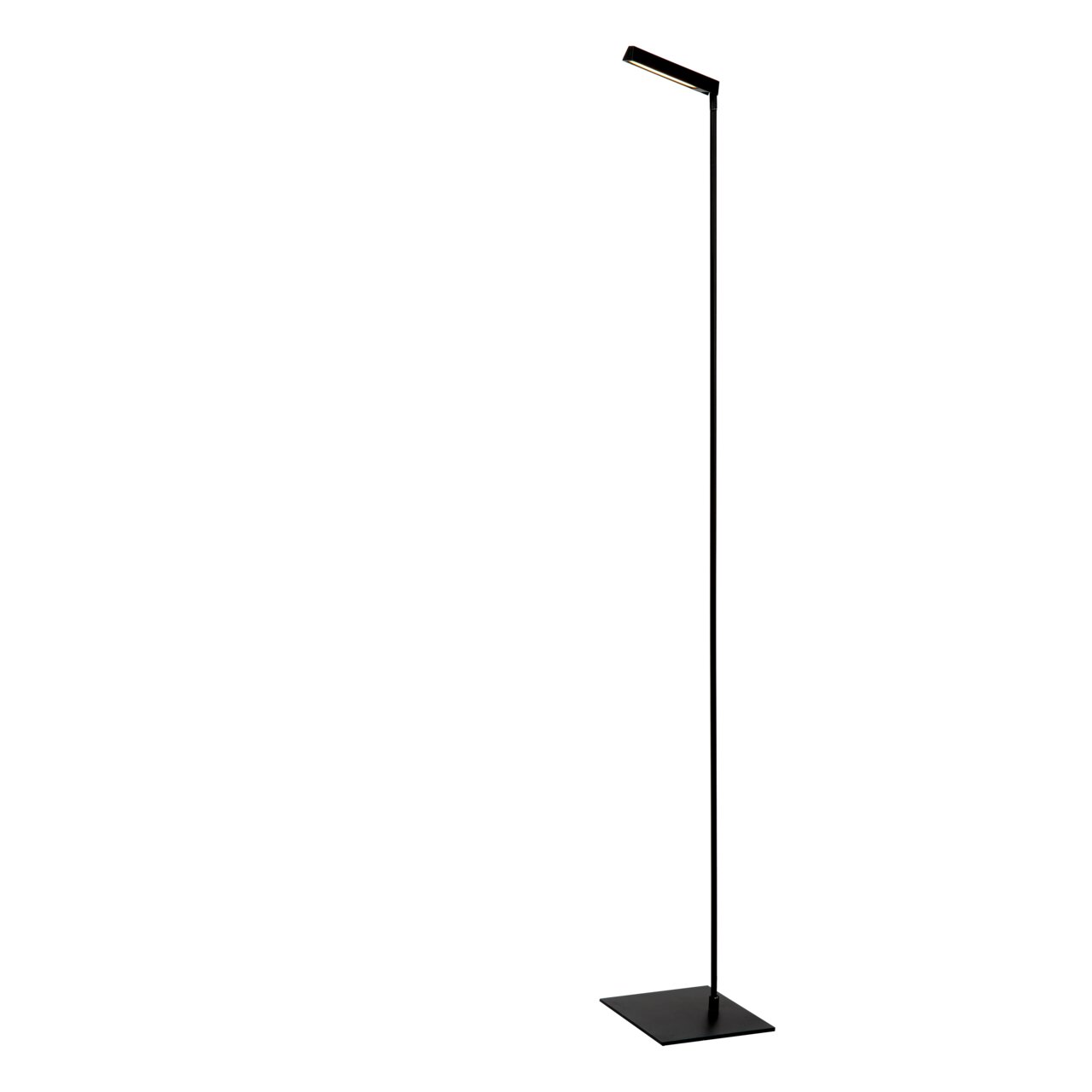 Zwarte staande lamp en leeslamp Lucide LAVALE, zijaanzicht, slank ontwerp met rechthoekige voet en draaibare lampkop.