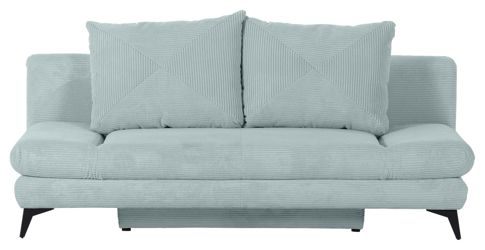 Frontale Ansicht eines mintgrünen Funktionssofas mit zwei großen Kissen und schwarzen Beinen.