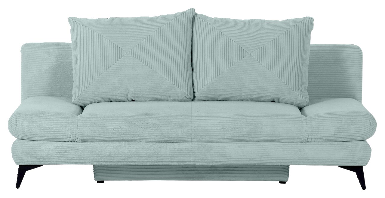 Frontale Ansicht eines mintgrünen Funktionssofas mit zwei großen Kissen und schwarzen Beinen.