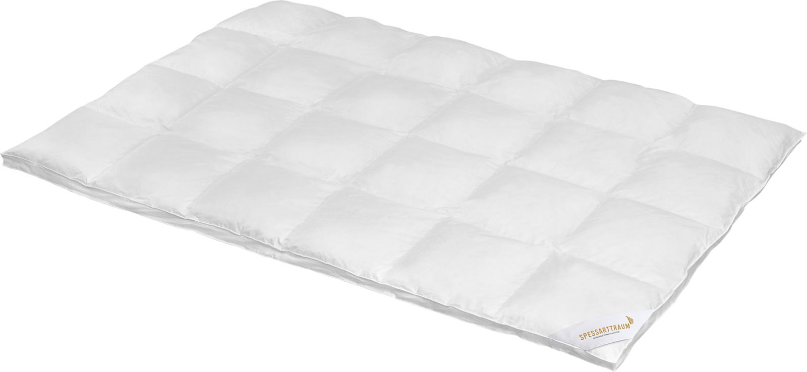 Winterbett Premium 155x220cm in schräger Draufsicht, weiße Steppdecke mit quadratischem Muster