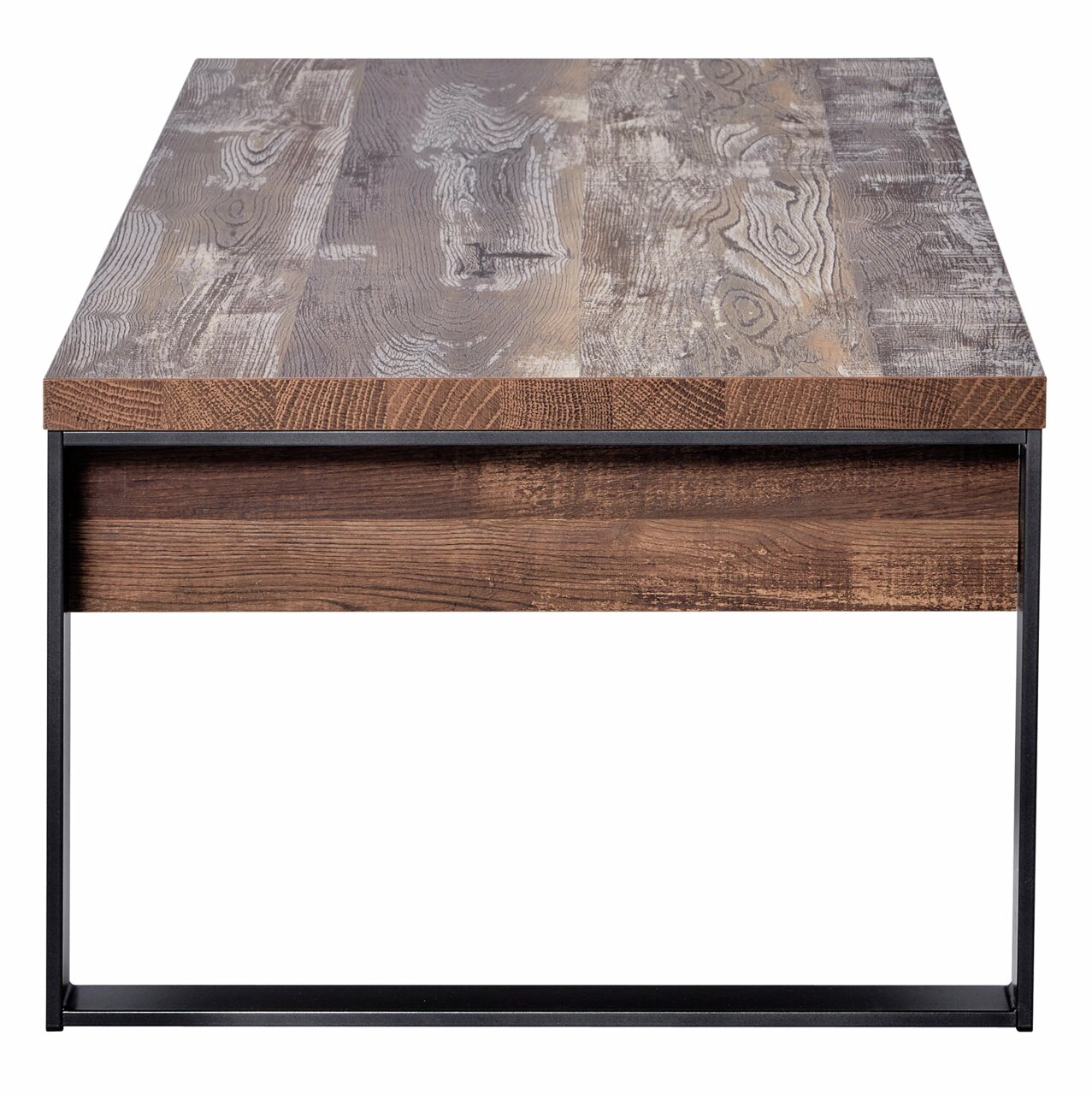 Moderne salontafel met houtlook en metalen frame, vooraanzicht