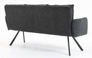 Rückansicht einer modernen, dreisitzigen Bank mit schwarzem Stoffbezug und schrägen Metallbeinen.