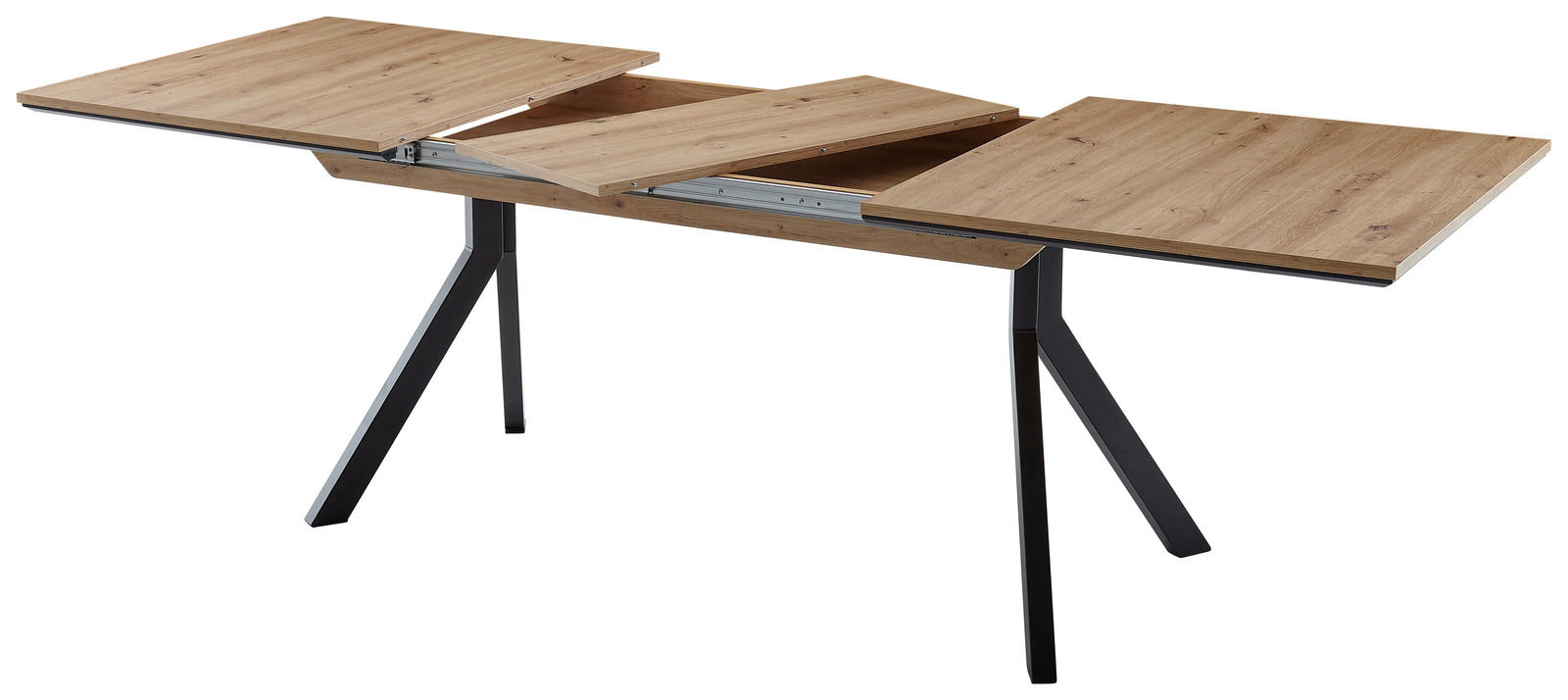 Moderner Vierfußtisch mit ausziehbarer Holzplatte und schwarzen Metallbeinen, seitliche Perspektive