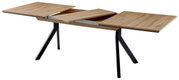 Moderne tafel met vier poten, een uitschuifbaar houten blad en zwarte metalen poten, zijaanzicht