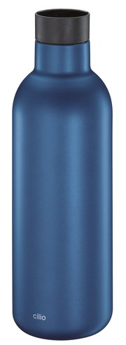 Blaue Isoliertrinkflasche mit schwarzem Deckel, frontal fotografiert