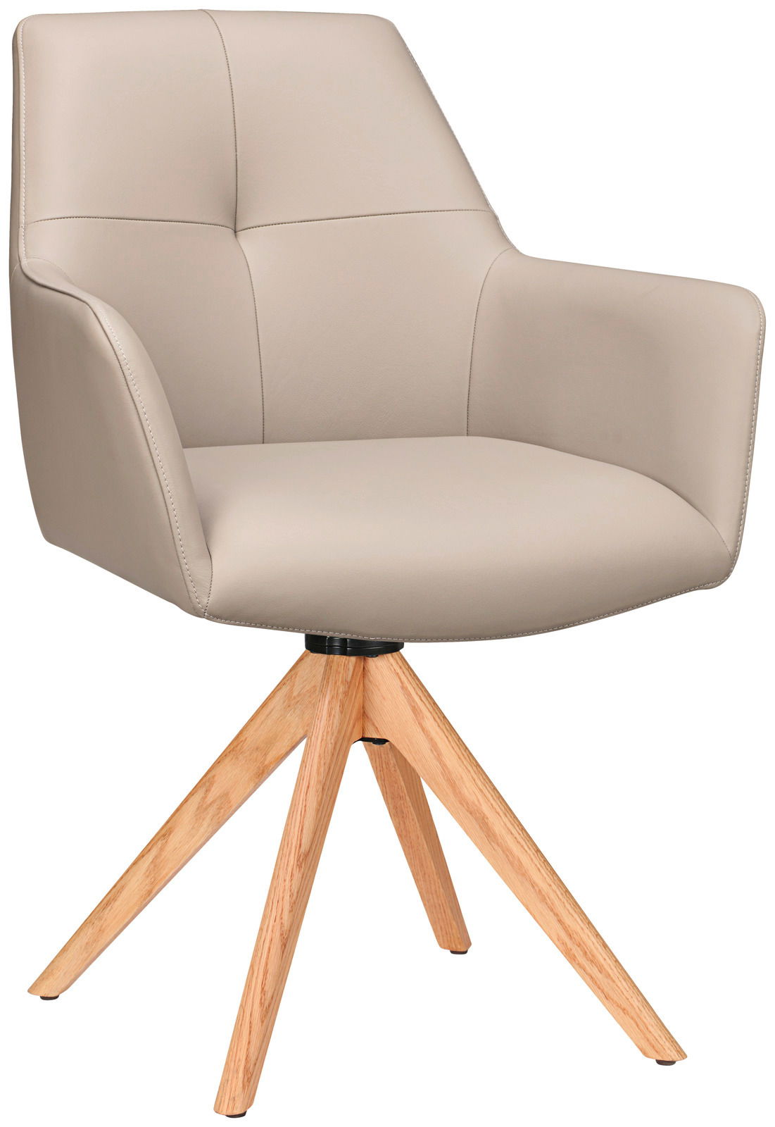 Moderner Armlehnstuhl mit beigem Polster und Holzbeinen, seitliche Perspektive