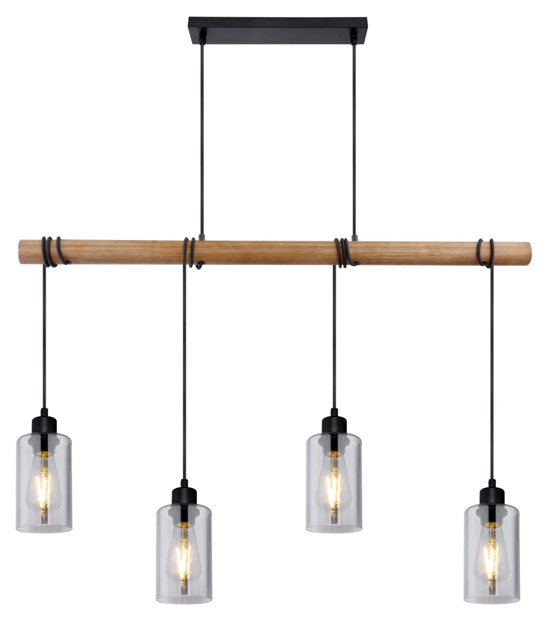 Moderne Hängeleuchte mit vier Glühbirnen, hängend an einem Holzstab, aus der Frontalperspektive.
