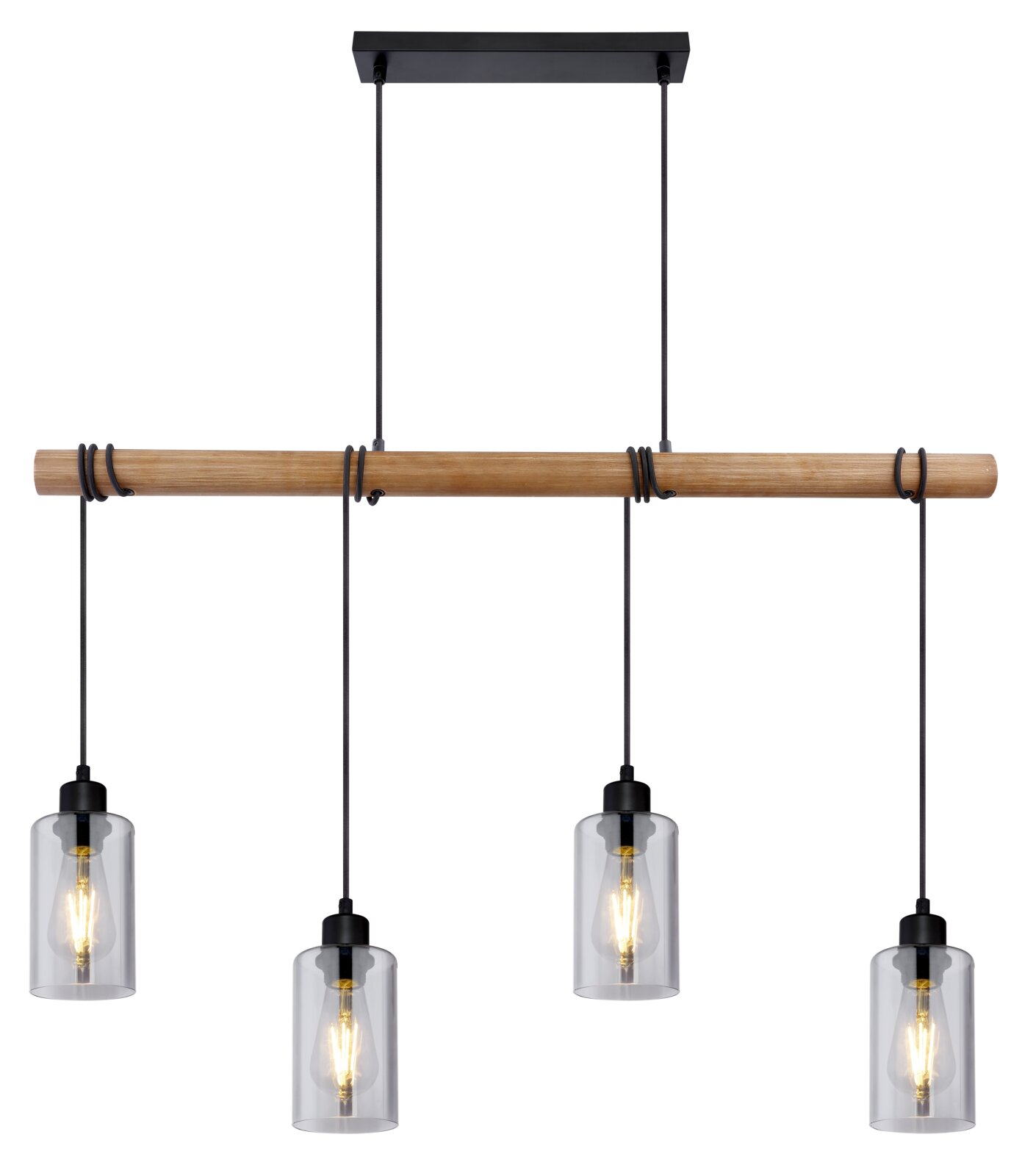 Moderne Hängeleuchte mit vier Glühbirnen, hängend an einem Holzstab, aus der Frontalperspektive.