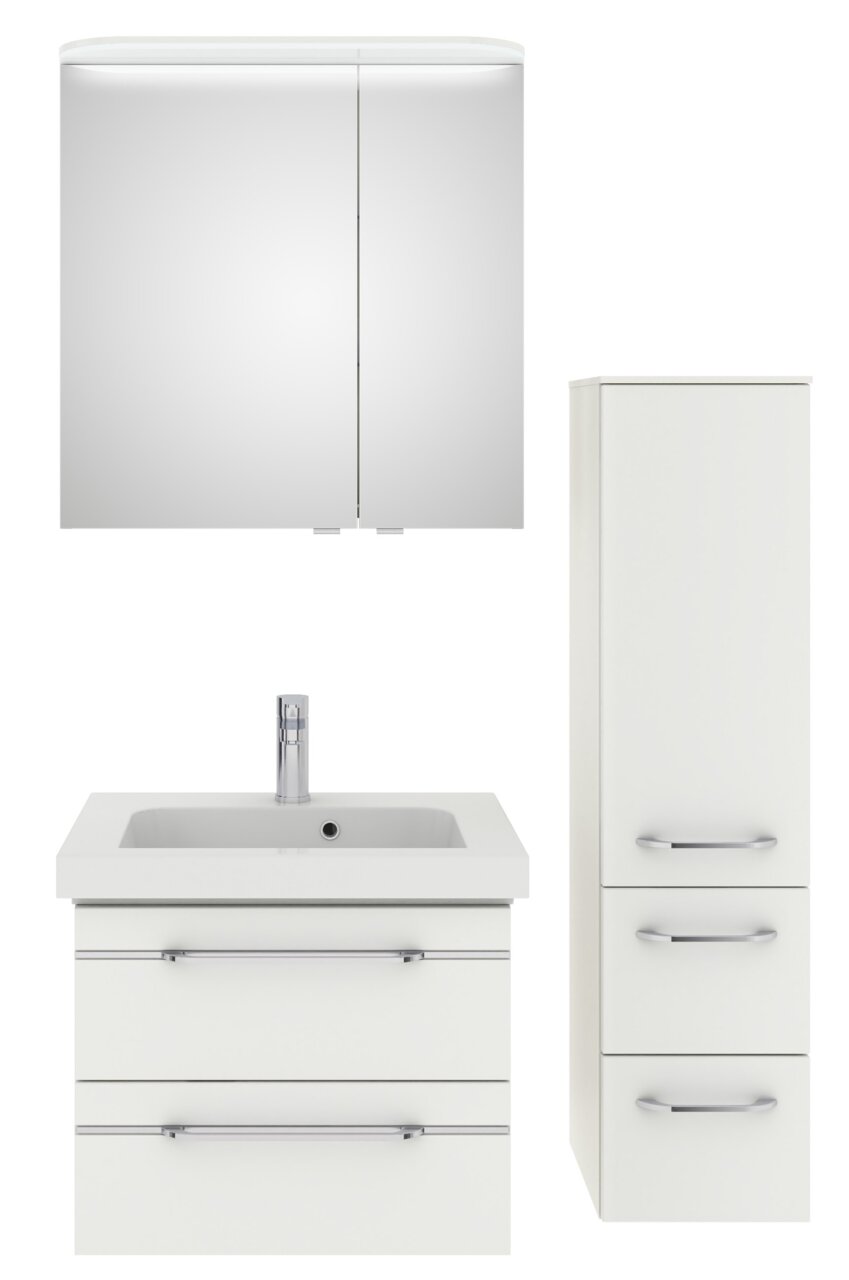 Pelipal Badblock BALTO SPRINT Badezimmermöbel-Set bestehend aus einem Spiegelschrank, einem Waschbeckenunterschrank mit integriertem Waschbecken und einem hohen Seitenschrank, frontal abgebildet.