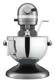 Frontansicht der silbernen Küchenmaschine Heavy Duty 5,2L mit Rührschüssel und Hebel.