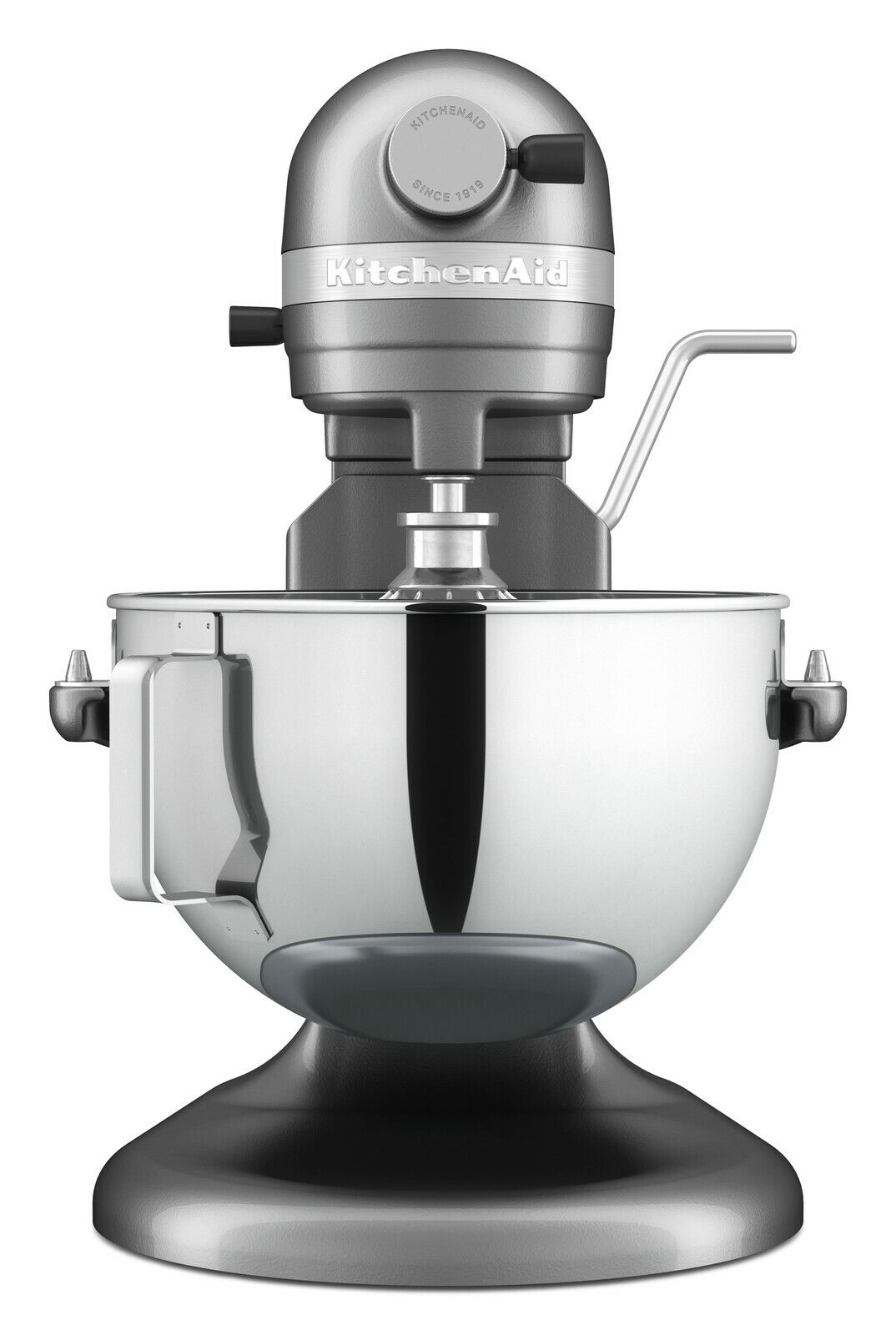 Frontansicht der silbernen Küchenmaschine Heavy Duty 5,2L mit Rührschüssel und Hebel.