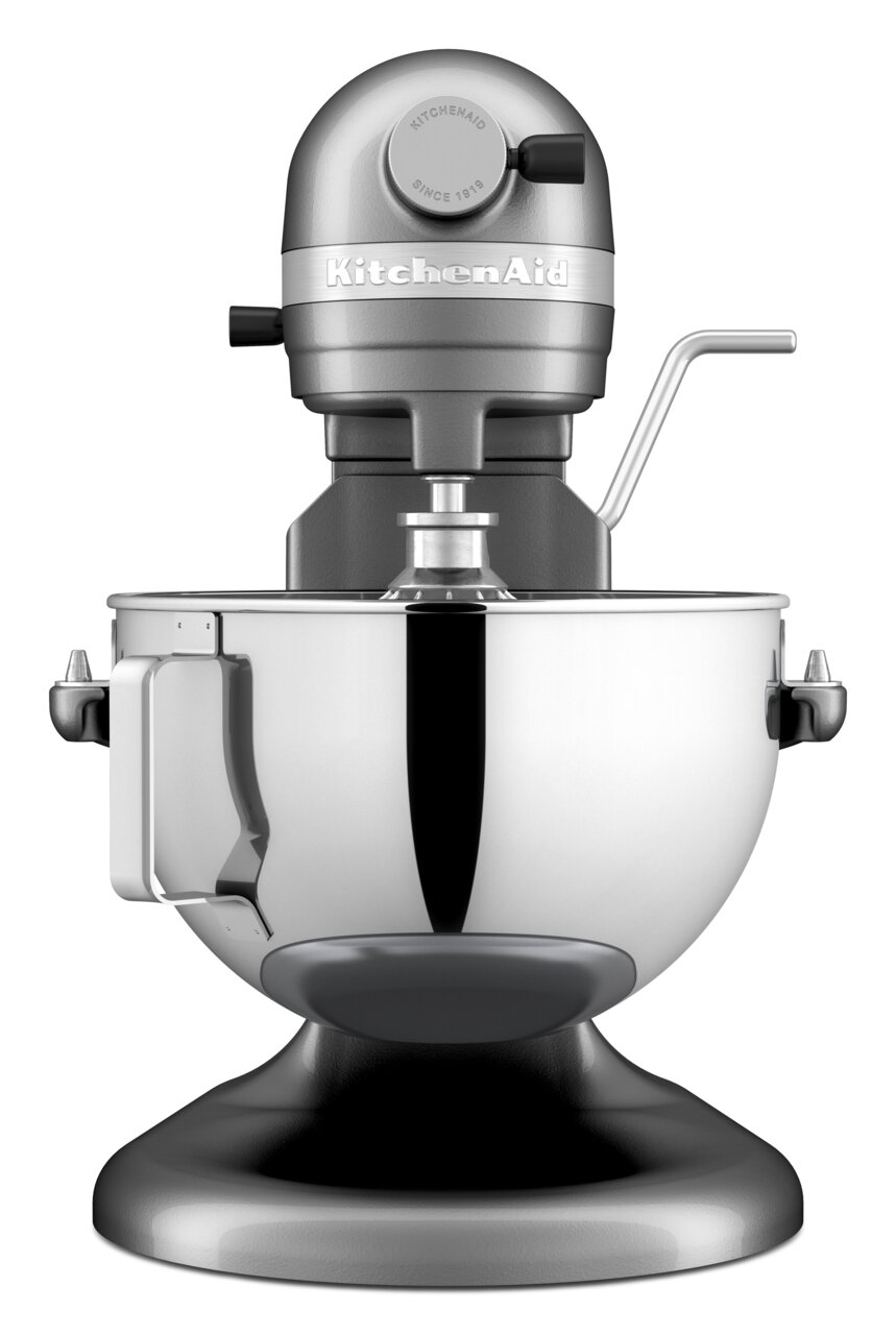 Vooraanzicht van de zilveren keukenmachine Heavy Duty 5,2 l met mengkom en hendel.