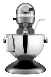 Vooraanzicht van de zilveren keukenmachine Heavy Duty 5,2 l met mengkom en hendel.