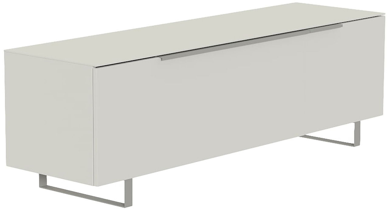 Modernes TV-Lowboard in hellem Grau mit Metallbeinen, seitliche Perspektive