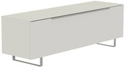 Modernes TV-Lowboard in hellem Grau mit Metallbeinen, seitliche Perspektive