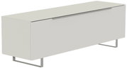 Modernes TV-Lowboard in hellem Grau mit Metallbeinen, seitliche Perspektive